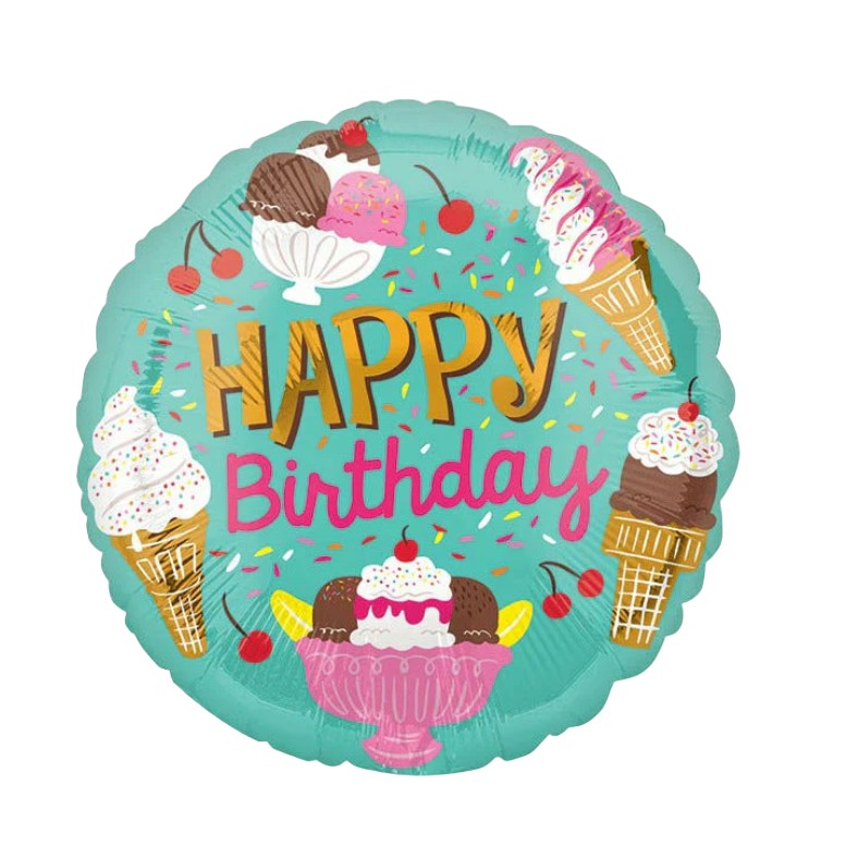 Balon din Folie Metalizata, Klevo, Mini Figurina Rotunda, Model Inghetata, Happy Birthday, Tematica Aniversare, 45 cm, Ambalaj Individual, Pai Inclus, Umflare cu Aer sau Heliu, Verde
