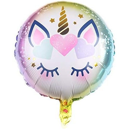 Balon din Folie Metalizata, Klevo, Mini Figurina Rotunda, Model Unicorn, Happy Birthday, Tematica Aniversare, 45 cm, Ambalaj Individual, Pai Inclus, Umflare cu Aer sau Heliu, Multicolor