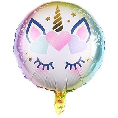 Balon din Folie Metalizata, Klevo, Mini Figurina Rotunda, Model Unicorn, Happy Birthday, Tematica Aniversare, 45 cm, Ambalaj Individual, Pai Inclus, Umflare cu Aer sau Heliu, Multicolor