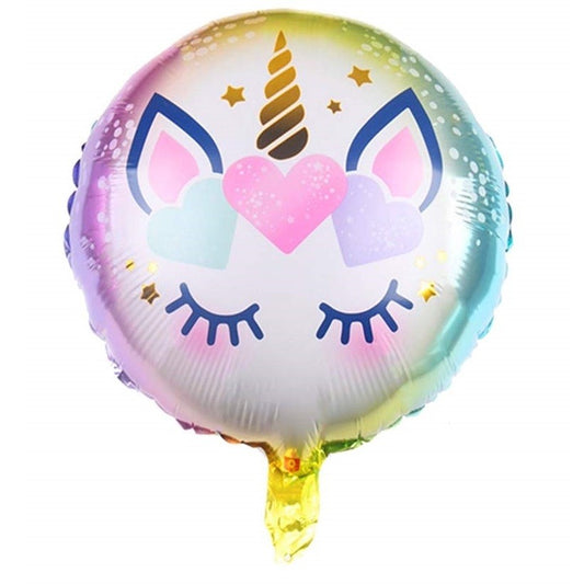 Balon din Folie Metalizata, Klevo, Mini Figurina Rotunda, Model Unicorn, Happy Birthday, Tematica Aniversare, 45 cm, Ambalaj Individual, Pai Inclus, Umflare cu Aer sau Heliu, Multicolor