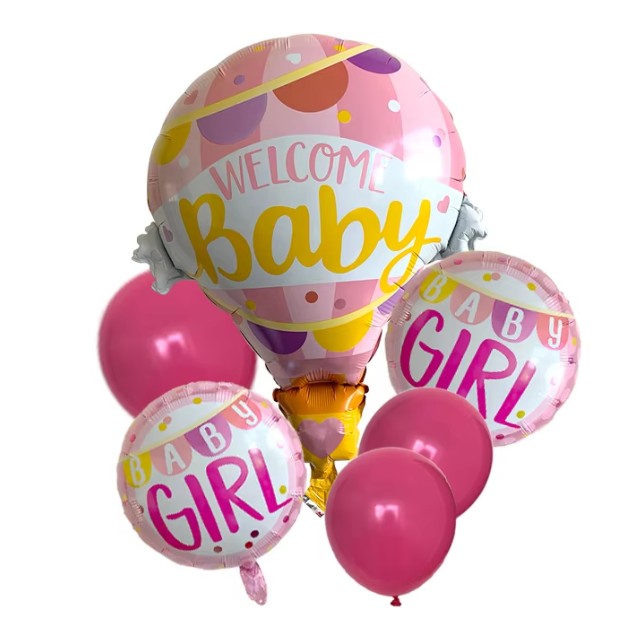 Balon din Folie Metalizata, Klevo, Mini Figurine, Model Balon cu Aer Cald Fetita, Tematica Welcome Baby, 80x62 cm, Ambalaj Individual, Pai Inclus, Umflare cu Aer sau Heliu, Roz