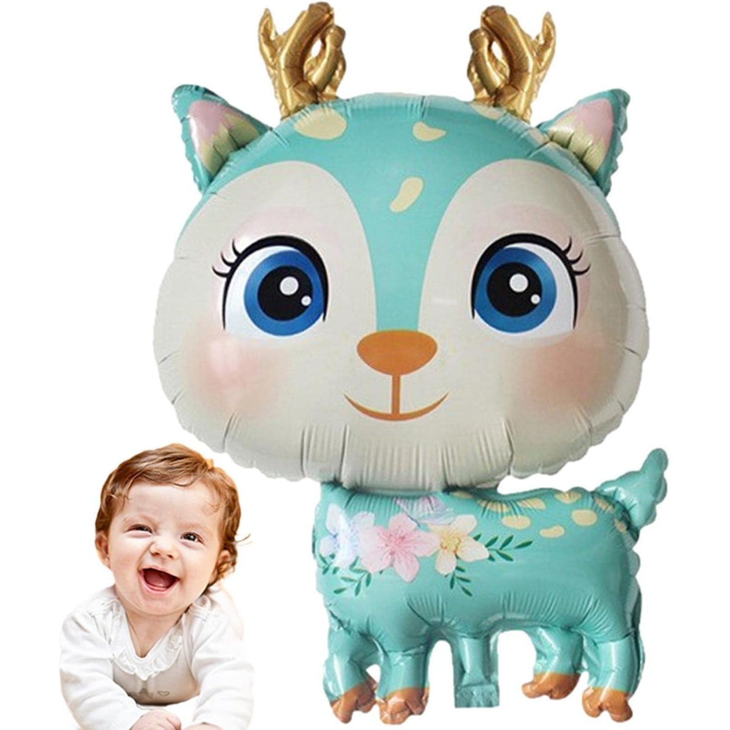 Balon din Folie Metalizata, Klevo, Mini Figurine, Model Cerb, Tematica Aniversare, 49x74.5 cm, Ambalaj Individual, Pai Inclus, Umflare cu Aer sau Heliu, Albastru