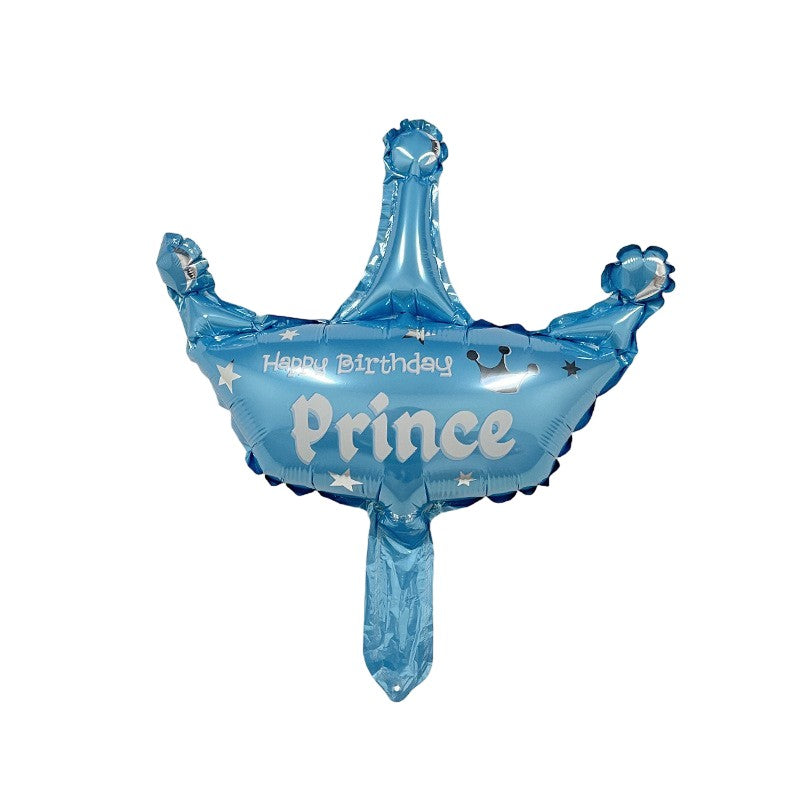 Balon din Folie Metalizata, Klevo, Mini Figurine, Model Coroana de Print, Tematica Aniversare, 42x38 cm, Ambalaj Individual, Pai Inclus, Umflare cu Aer sau Heliu, Albastru