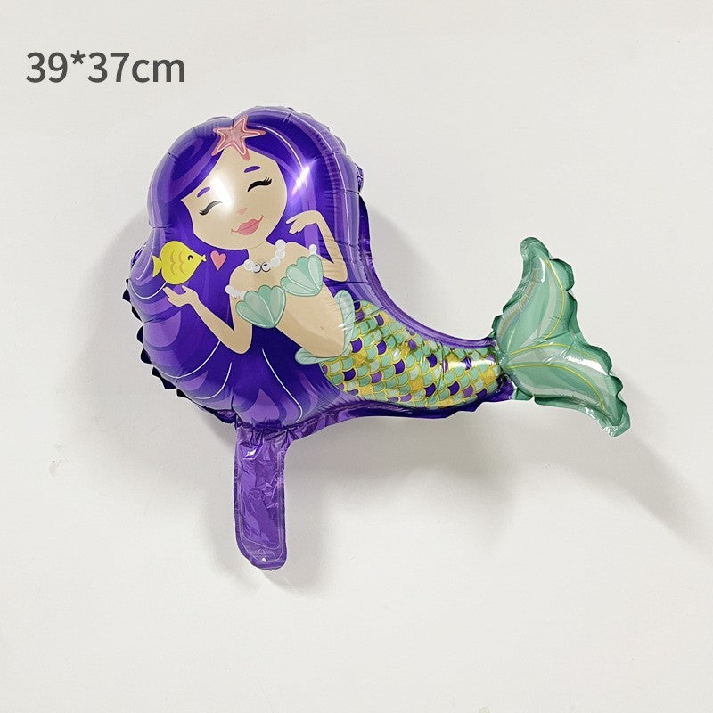 Balon din Folie Metalizata, Klevo, Mini Figurine, Model Sirena cu Par Mov, Tematica Aniversare, 39x37 cm, Ambalaj Individual, Pai Inclus, Umflare cu Aer sau Heliu, Multicolor
