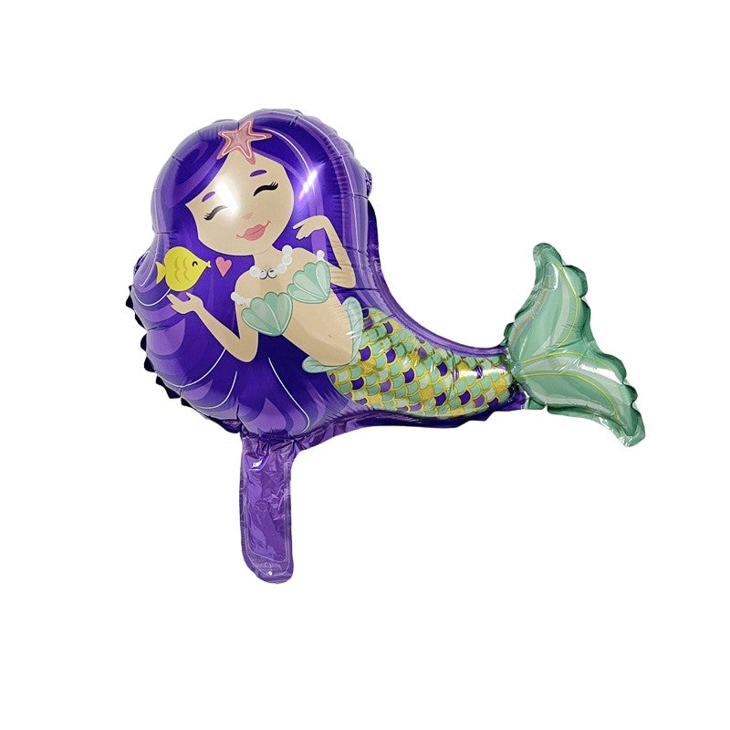 Balon din Folie Metalizata, Klevo, Mini Figurine, Model Sirena cu Par Mov, Tematica Aniversare, 39x37 cm, Ambalaj Individual, Pai Inclus, Umflare cu Aer sau Heliu, Multicolor