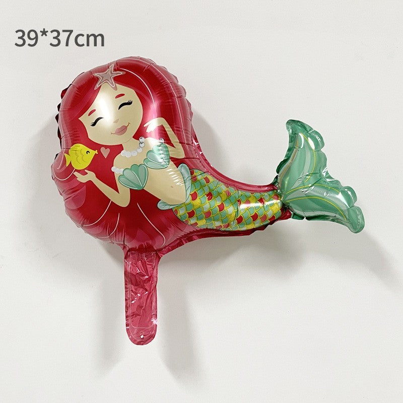 Balon din Folie Metalizata, Klevo, Mini Figurine, Model Sirena cu Par Rosu, Tematica Aniversare, 39x37 cm, Ambalaj Individual, Pai Inclus, Umflare cu Aer sau Heliu, Multicolor