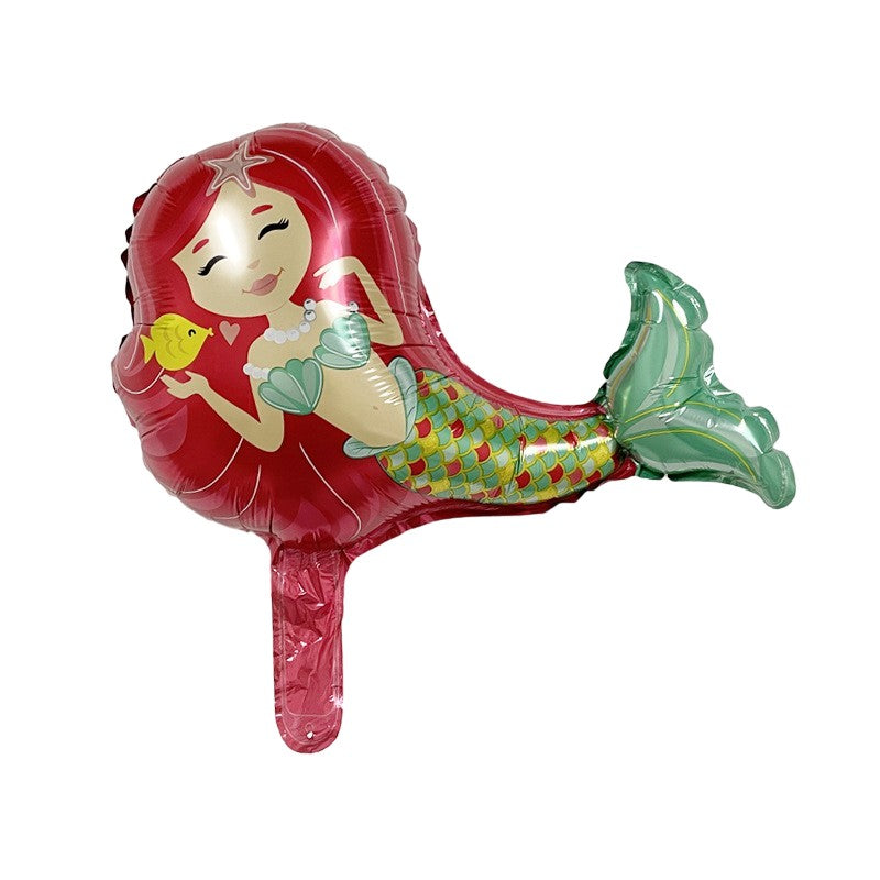 Balon din Folie Metalizata, Klevo, Mini Figurine, Model Sirena cu Par Rosu, Tematica Aniversare, 39x37 cm, Ambalaj Individual, Pai Inclus, Umflare cu Aer sau Heliu, Multicolor