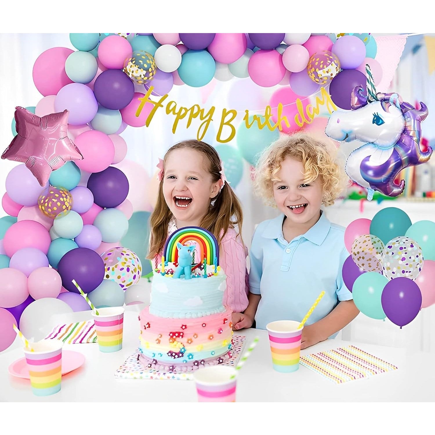 Balon din Folie Metalizata, Klevo, Mini Figurine, Model Unicorn, Tematica Aniversare, 115x76 cm, Ambalaj Individual, Pai Inclus, Umflare cu Aer sau Heliu, Multicolor