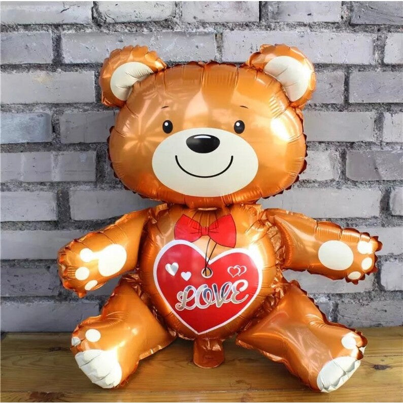 Balon din Folie Metalizata, Klevo, Figurina Urs, Model Love, Tema Ziua Indragostitilor, 60x63cm, Ambalaj Individual, Pai Inclus, Umflare cu Aer sau Heliu, Maro