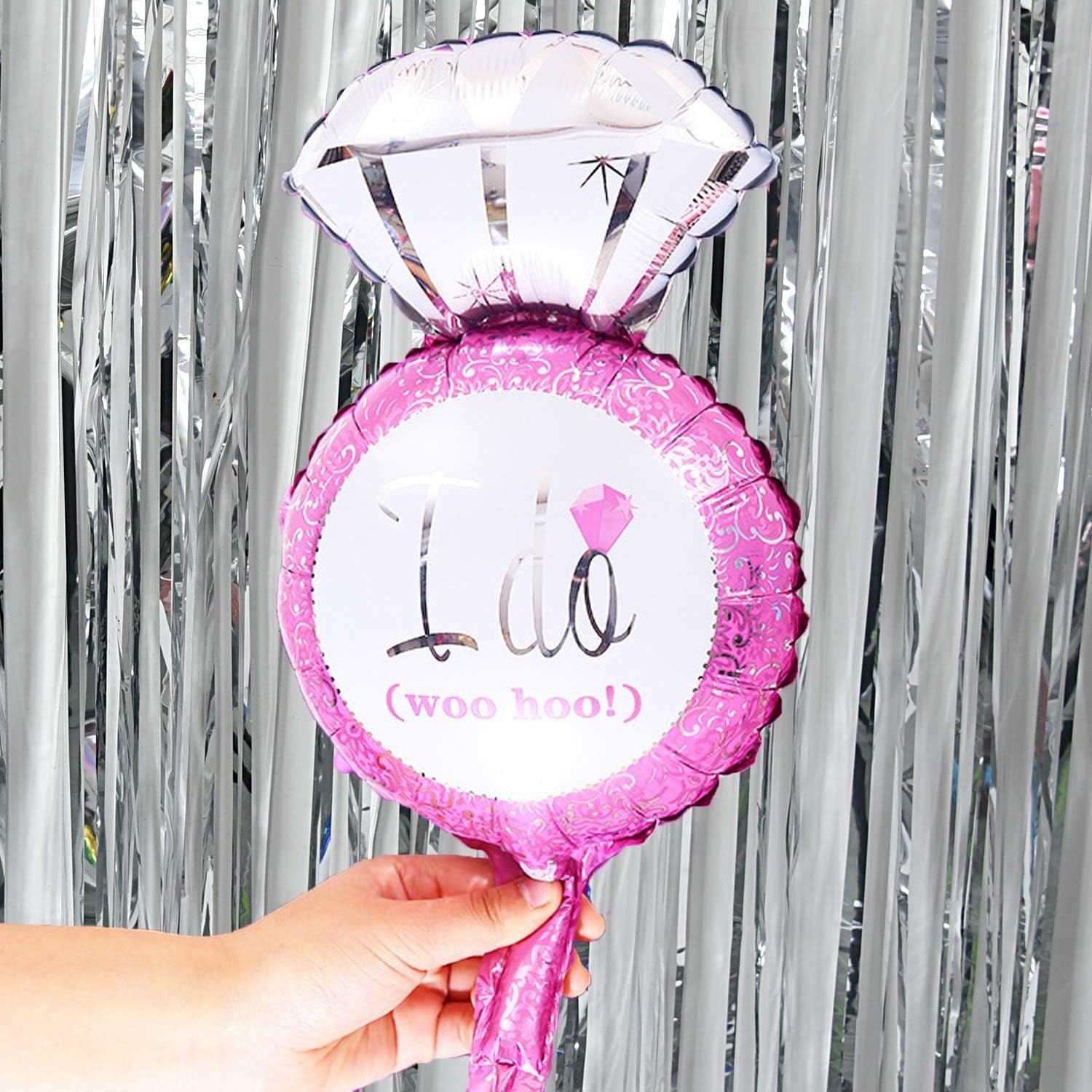 Balon din Folie Metalizata, Klevo, Mini Figurine Nunta, Model Inel de Logodna, Tematica Cerere in Casatorie, 46x23 cm, Ambalaj Individual, Pai Inclus, Umflare cu Aer sau Heliu, Roz
