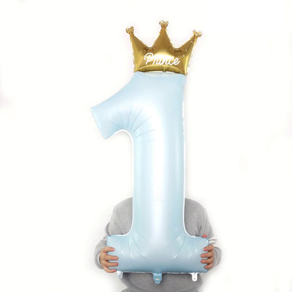 Balon din Folie Metalizata, Klevo, Figurina Cifra 1, Model Coroana Print, 91 cm, Ambalaj Individual, Pai inclus, Umflare cu Aer sau Heliu, Albastru