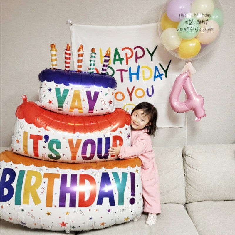 Balon din Folie Metalizata, Klevo, Model Tort cu 3 Straturi, Balon Aniversar, Model Birthday Cake, 102x62 cm, Ambalaj Individual, Pai inclus, Umflare cu Aer sau Heliu, Multicolor