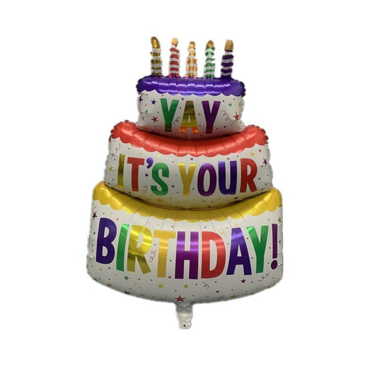 Balon din Folie Metalizata, Klevo, Model Tort cu 3 Straturi, Balon Aniversar, Model Birthday Cake, 102x62 cm, Ambalaj Individual, Pai inclus, Umflare cu Aer sau Heliu, Multicolor