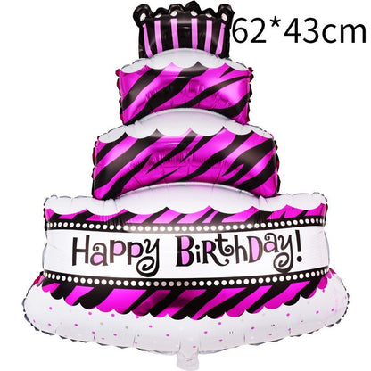 Balon din Folie Metalizata, Klevo, Model Tort cu 4 Straturi, Balon Aniversar, Model Happy Birthday, 62x43 cm, Ambalaj Individual, Pai inclus, Umflare cu Aer sau Heliu, Mov