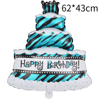 Balon din Folie Metalizata, Klevo, Model Tort cu 4 Straturi, Balon Aniversar, Model Happy Birthday, 62x43 cm, Ambalaj Individual, Pai inclus,  Umflare cu Aer sau Heliu, Albastru