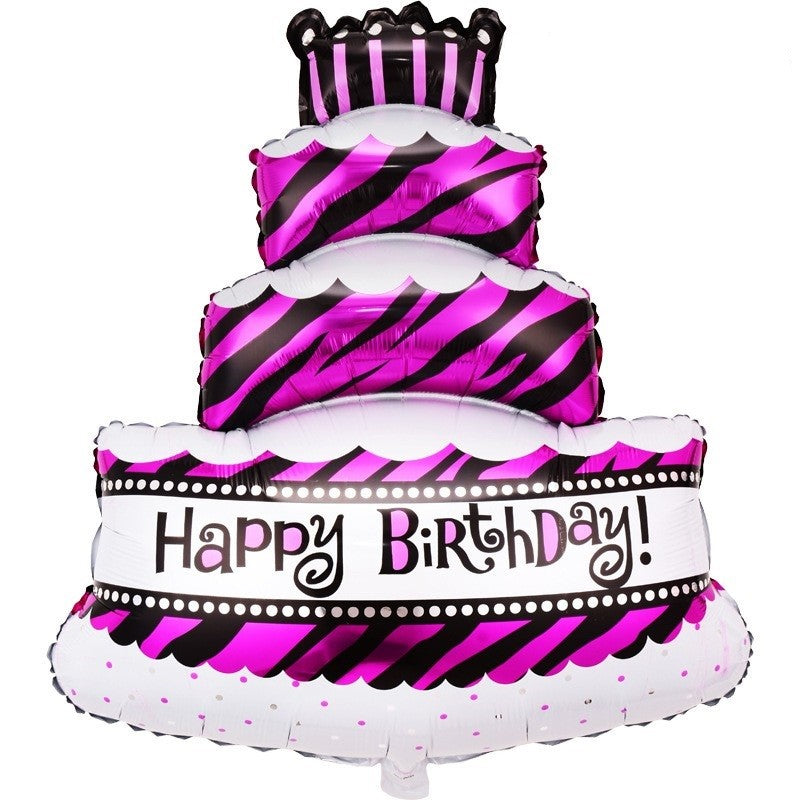 Balon din Folie Metalizata, Klevo, Model Tort cu 4 Straturi, Balon Aniversar, Model Happy Birthday, 62x43 cm, Ambalaj Individual, Pai inclus, Umflare cu Aer sau Heliu, Mov