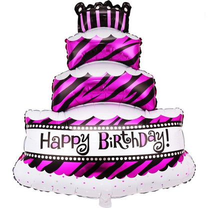 Balon din Folie Metalizata, Klevo, Model Tort cu 4 Straturi, Balon Aniversar, Model Happy Birthday, 62x43 cm, Ambalaj Individual, Pai inclus, Umflare cu Aer sau Heliu, Mov