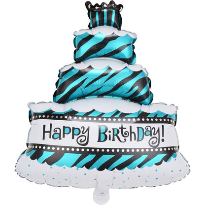 Balon din Folie Metalizata, Klevo, Model Tort cu 4 Straturi, Balon Aniversar, Model Happy Birthday, 62x43 cm, Ambalaj Individual, Pai inclus,  Umflare cu Aer sau Heliu, Albastru