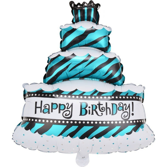 Balon din Folie Metalizata, Klevo, Model Tort cu 4 Straturi, Balon Aniversar, Model Happy Birthday, 62x43 cm, Ambalaj Individual, Pai inclus,  Umflare cu Aer sau Heliu, Albastru