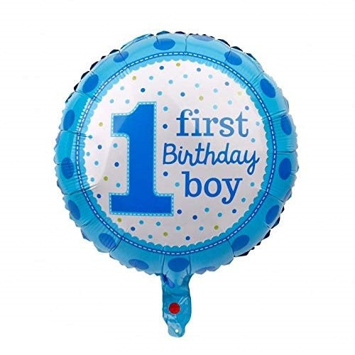Balon din Folie Metalizata, Klevo, Prima Aniversare, Model First Birthday Boy, 45 cm, Ambalaj Individual, Pai Inclus, Umflare cu Aer sau Heliu, Albastru