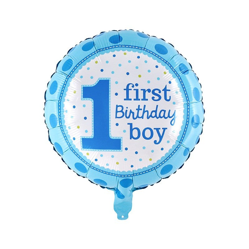 Balon din Folie Metalizata, Klevo, Prima Aniversare, Model First Birthday Boy, 45 cm, Ambalaj Individual, Pai Inclus, Umflare cu Aer sau Heliu, Albastru