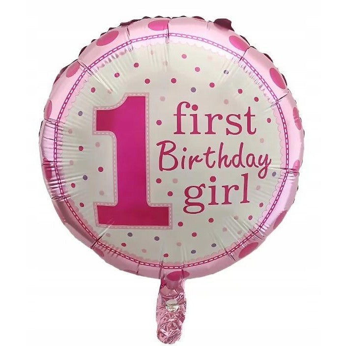 Balon din Folie Metalizata, Klevo, Prima Aniversare, Model First Birthday Girl, 45 cm, Ambalaj Individual, Pai Inclus, Umflare cu Aer sau Heliu, Roz