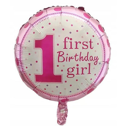 Balon din Folie Metalizata, Klevo, Prima Aniversare, Model First Birthday Girl, 45 cm, Ambalaj Individual, Pai Inclus, Umflare cu Aer sau Heliu, Roz