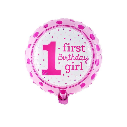 Balon din Folie Metalizata, Klevo, Prima Aniversare, Model First Birthday Girl, 45 cm, Ambalaj Individual, Pai Inclus, Umflare cu Aer sau Heliu, Roz