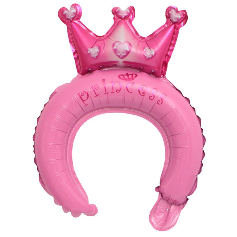 Balon din Folie Metalizata, Klevo, Tip Coronita cu Urechi, Model Coronita de Printesa, Ambalaj Individual, Pai Inclus, Umflare cu Aer sau Heliu, 30 x 27 cm, Roz