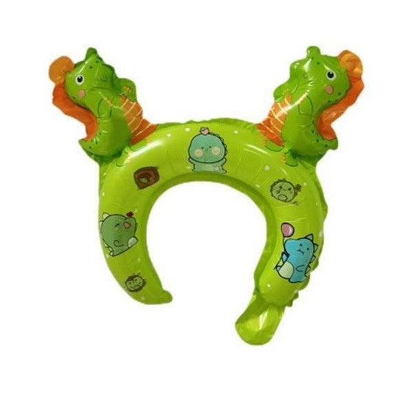 Balon din Folie Metalizata, Klevo, Tip Coronita cu Urechi, Model Dinozauri, Ambalaj Individual, Pai Inclus, Umflare cu Aer sau Heliu, 29 x 26.5 cm, Verde