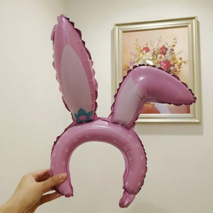 Balon din Folie Metalizata, Klevo, Tip Coronita cu Urechi, Model Iepure, Ambalaj Individual, Pai Inclus, Umflare cu Aer sau Heliu, 38 x 45 cm, Roz