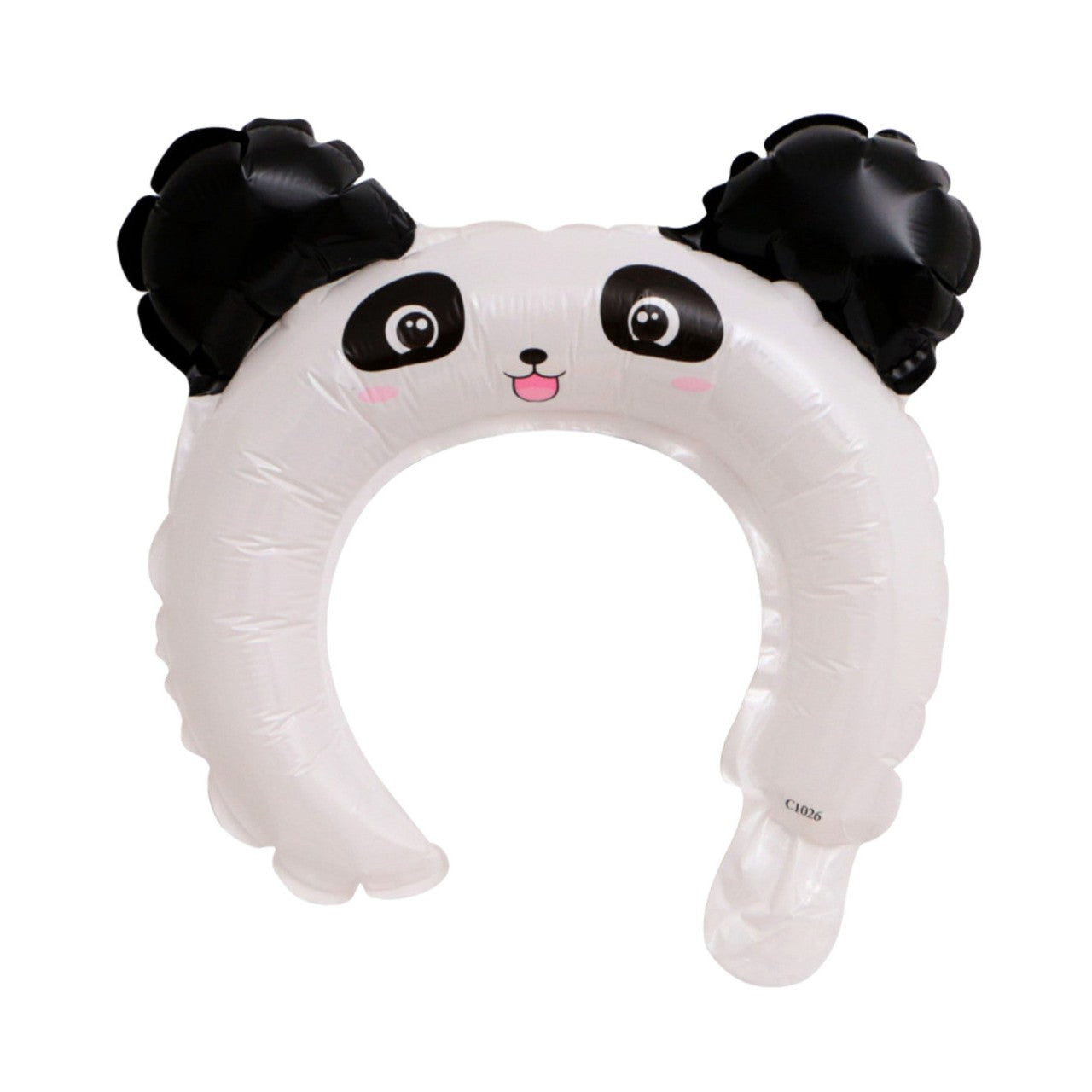 Balon din Folie Metalizata, Klevo, Tip Coronita cu Urechi, Model Panda, Ambalaj Individual, Pai Inclus, Umflare cu Aer sau Heliu, 27 x 28 cm, Alb/Negru