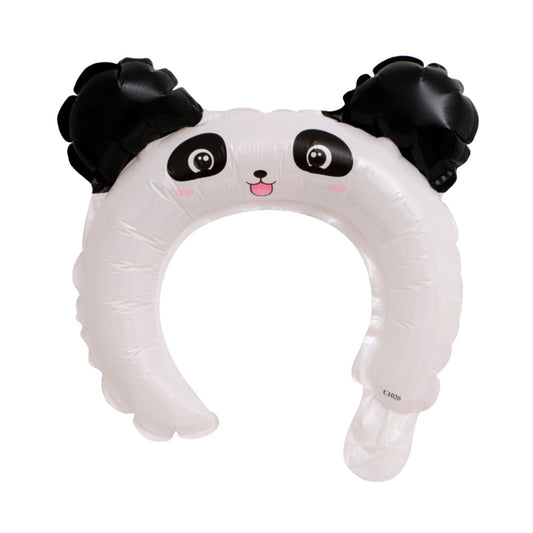 Balon din Folie Metalizata, Klevo, Tip Coronita cu Urechi, Model Panda, Ambalaj Individual, Pai Inclus, Umflare cu Aer sau Heliu, 27 x 28 cm, Alb/Negru