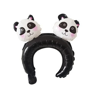 Balon din Folie Metalizata, Klevo, Tip Coronita cu Urechi, Model Panda, Ambalaj Individual, Pai Inclus, Umflare cu Aer sau Heliu, 30 x 27 cm, Albastru