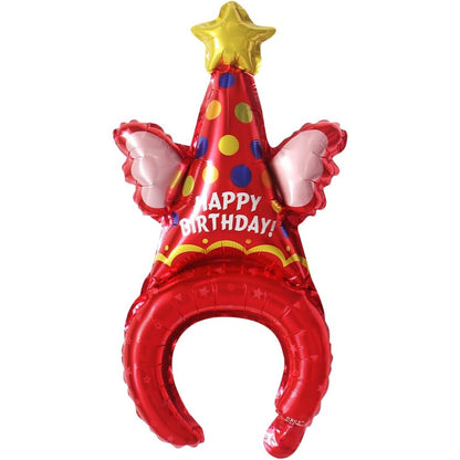 Balon din Folie Metalizata, Klevo, Tip Coronita, Model Palarie de Petrecere, Ambalaj Individual, Pai Inclus, Umflare cu Aer sau Heliu, 31 x 50 cm, Rosu