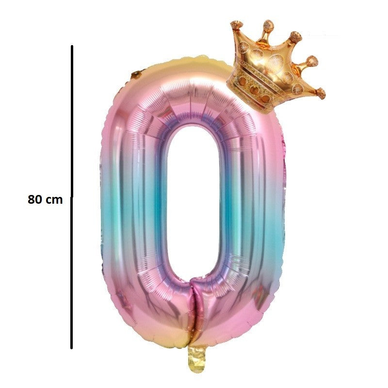 Balon din Folie Metalizata, Klevo, Figurina Cifra Gradient, Tema Aniversare 80 cm, Ambalaj Individual, Pai inclus, Umflare cu Aer sau Heliu, Coronita, Cifra 0