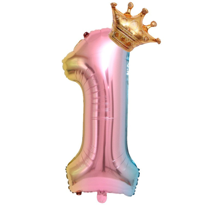 Balon din Folie Metalizata, Klevo, Figurina Cifra Gradient, Tema Aniversare 80 cm, Ambalaj Individual, Pai inclus, Umflare cu Aer sau Heliu, Coronita, Cifra 1