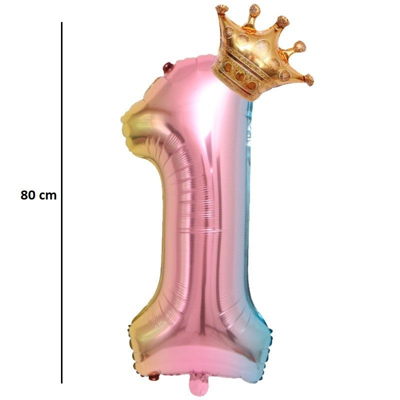 Balon din Folie Metalizata, Klevo, Figurina Cifra Gradient, Tema Aniversare 80 cm, Ambalaj Individual, Pai inclus, Umflare cu Aer sau Heliu, Coronita, Cifra 1