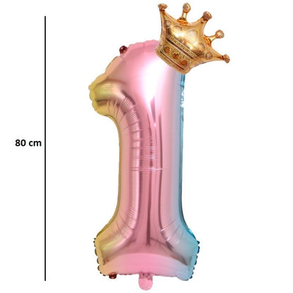 Balon din Folie Metalizata, Klevo, Figurina Cifra Gradient, Tema Aniversare 80 cm, Ambalaj Individual, Pai inclus, Umflare cu Aer sau Heliu, Coronita, Cifra 1