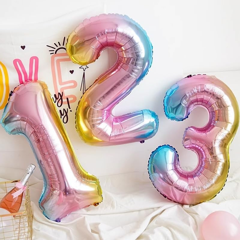 Balon din Folie Metalizata Gradient Klevo, Figurina Cifra, Tema Aniversare 100 cm, Ambalaj Individual, Pai inclus, Umflare cu Aer sau Heliu, Multicolor, Cifra 2