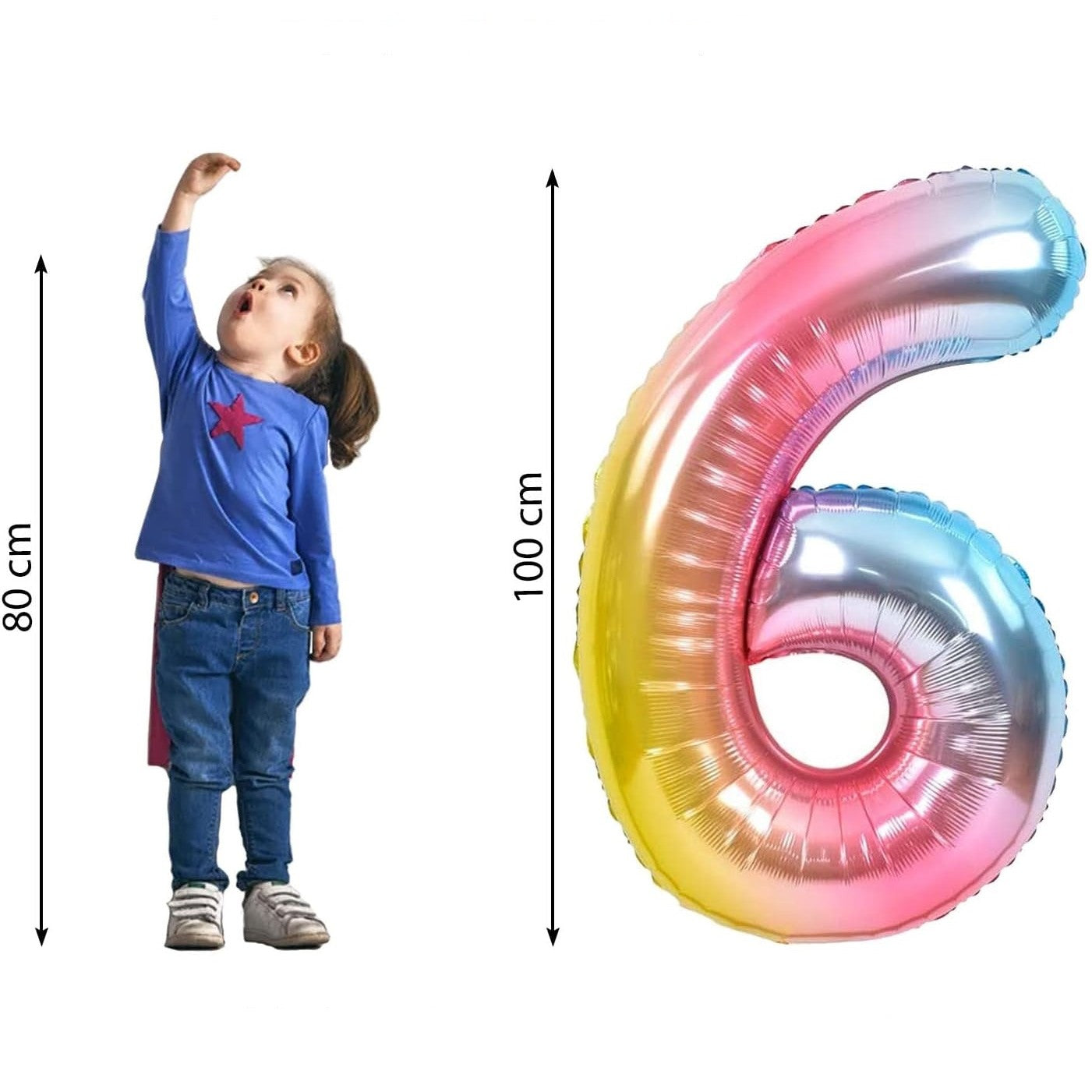 Balon din Folie Metalizata Gradient Klevo, Figurina Cifra, Tema Aniversare 100 cm, Ambalaj Individual, Pai inclus, Umflare cu Aer sau Heliu, Multicolor, Cifra 6