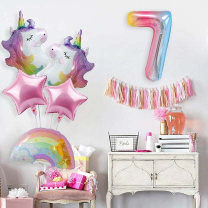Balon din Folie Metalizata Gradient Klevo, Figurina Cifra, Tema Aniversare 100 cm, Ambalaj Individual, Pai inclus, Umflare cu Aer sau Heliu, Multicolor, Cifra 7
