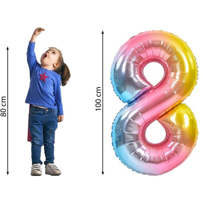 Balon din Folie Metalizata Gradient Klevo, Figurina Cifra, Tema Aniversare 100 cm, Ambalaj Individual, Pai inclus, Umflare cu Aer sau Heliu, Multicolor, Cifra 8