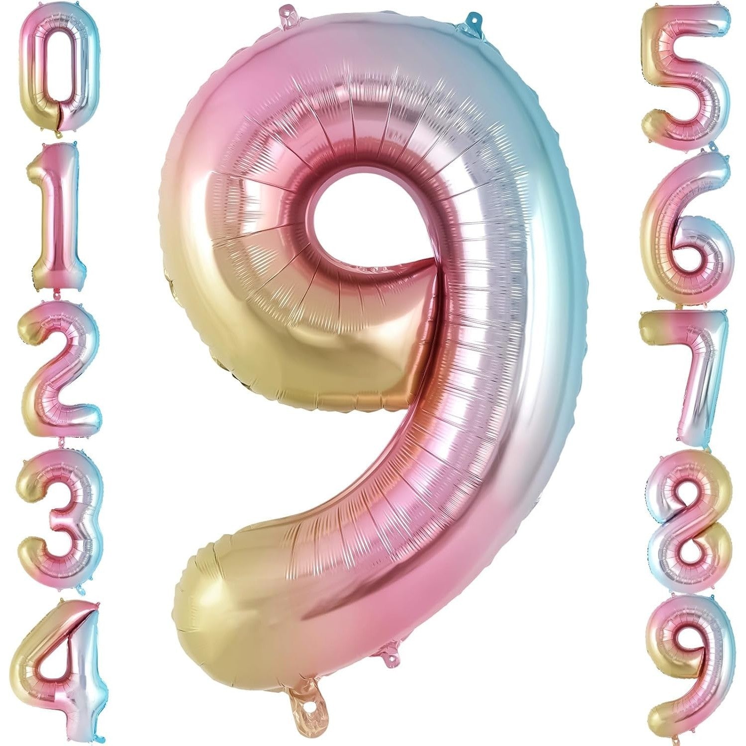 Balon din Folie Metalizata Gradient Klevo, Figurina Cifra, Tema Aniversare 100 cm, Ambalaj Individual, Pai inclus, Umflare cu Aer sau Heliu, Multicolor, Cifra 9