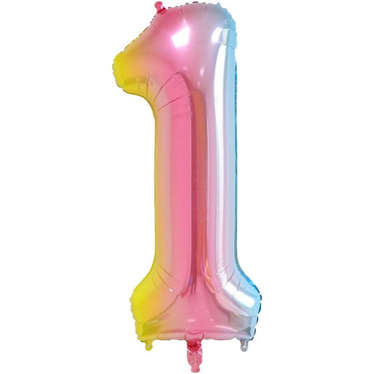 Balon din Folie Metalizata Gradient Klevo, Figurina Cifra, Tema Aniversare 100 cm, Ambalaj Individual, Pai inclus, Umflare cu Aer sau Heliu, Multicolor, Cifra 1