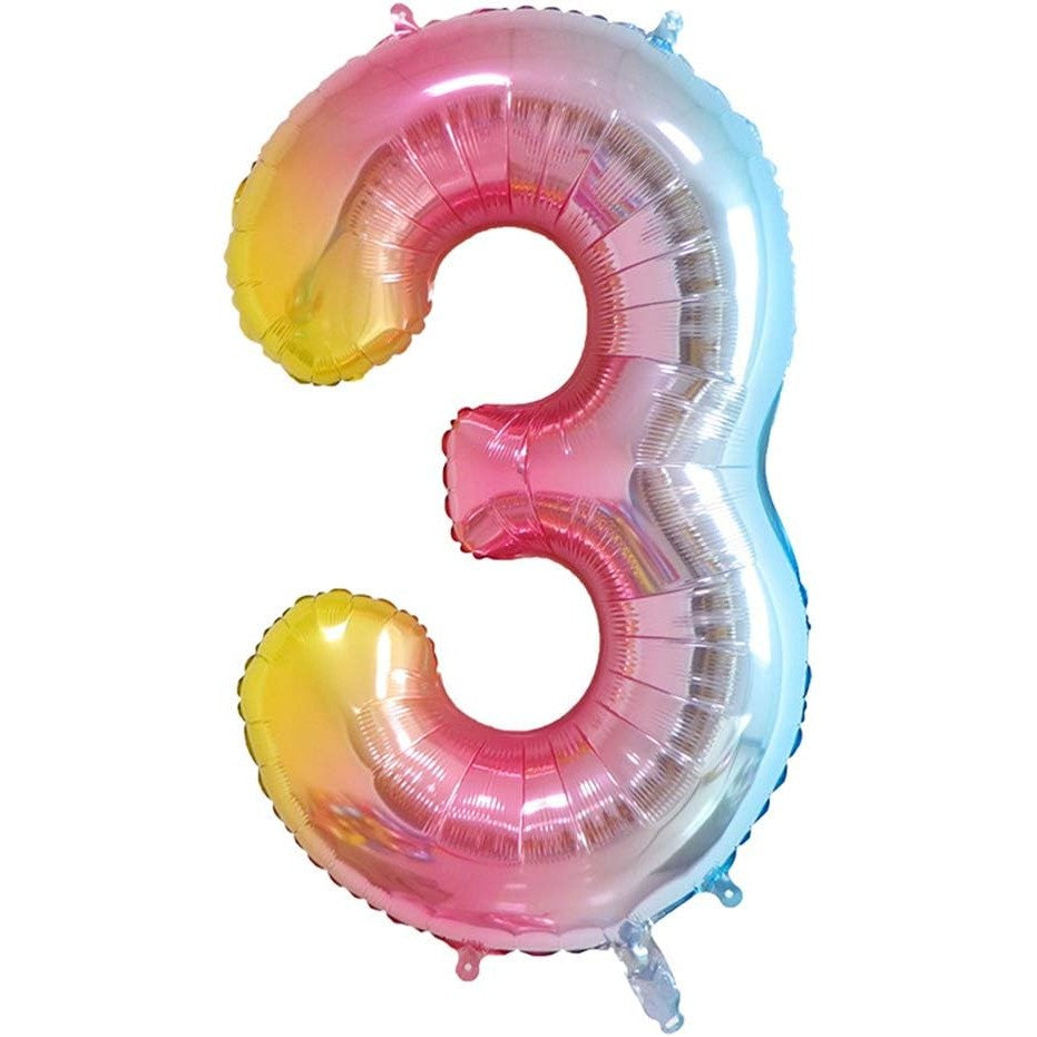 Balon din Folie Metalizata Gradient Klevo, Figurina Cifra, Tema Aniversare 100 cm, Ambalaj Individual, Pai inclus, Umflare cu Aer sau Heliu, Multicolor, Cifra 3