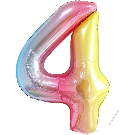Balon din Folie Metalizata Gradient Klevo, Figurina Cifra, Tema Aniversare 100 cm, Ambalaj Individual, Pai inclus, Umflare cu Aer sau Heliu, Multicolor, Cifra 4