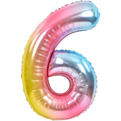 Balon din Folie Metalizata Gradient Klevo, Figurina Cifra, Tema Aniversare 100 cm, Ambalaj Individual, Pai inclus, Umflare cu Aer sau Heliu, Multicolor, Cifra 6