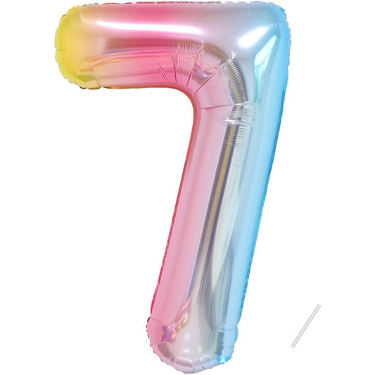 Balon din Folie Metalizata Gradient Klevo, Figurina Cifra, Tema Aniversare 100 cm, Ambalaj Individual, Pai inclus, Umflare cu Aer sau Heliu, Multicolor, Cifra 7