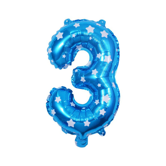Balon din Folie Metalizata Klevo, Figurina Cifra, Imprimeu Stele, Tema Aniversare 80 cm, Ambalaj Individual, Pai inclus, Umflare cu Aer sau Heliu, Albastru, Cifra 3